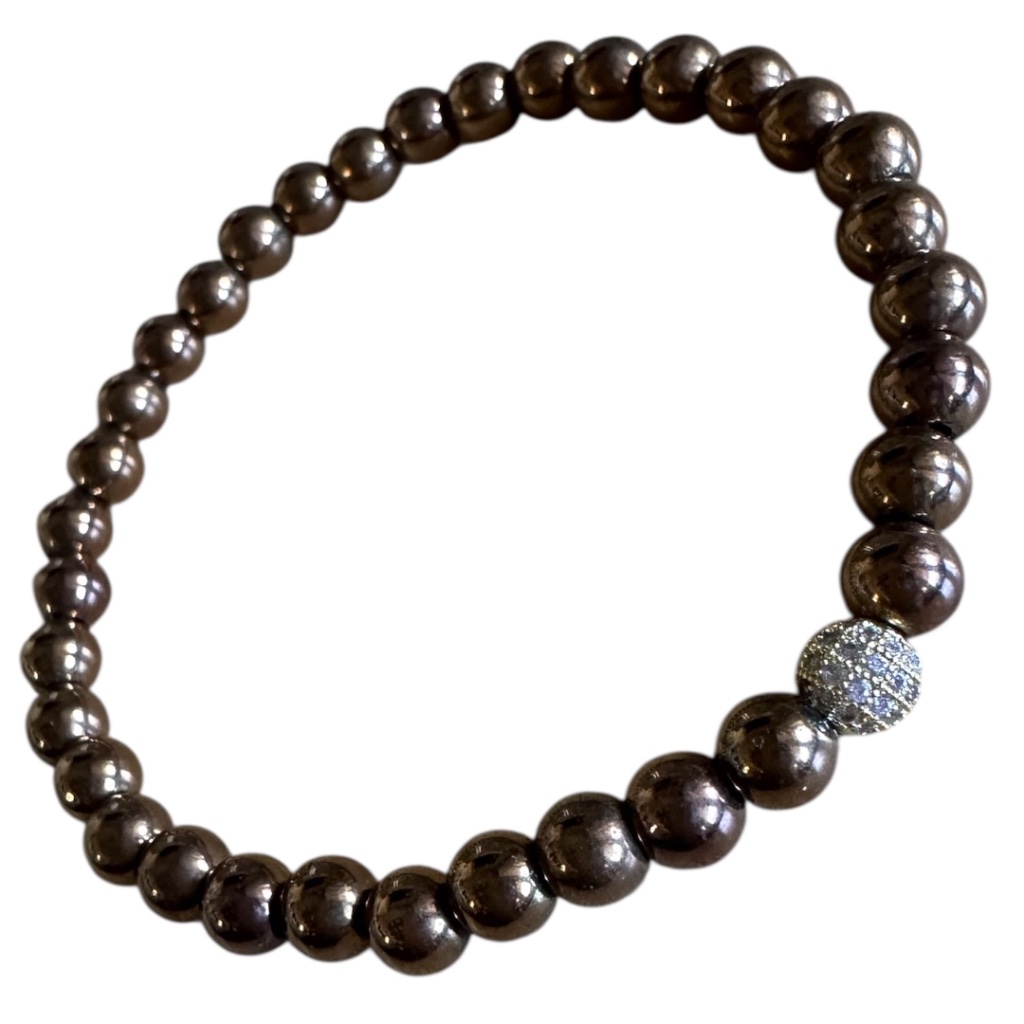 Bronze 6mm Hematite Stretch Bracelet W/ Gold Pave Crystal Ball Spacer